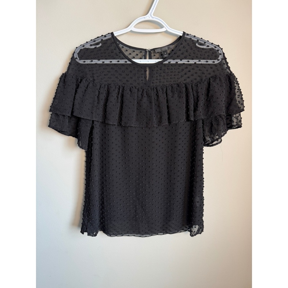 J.Crew Silk Blend Clip Dot Ruffle Short Sleeve Blouse Black Womens 4 Whimsigoth